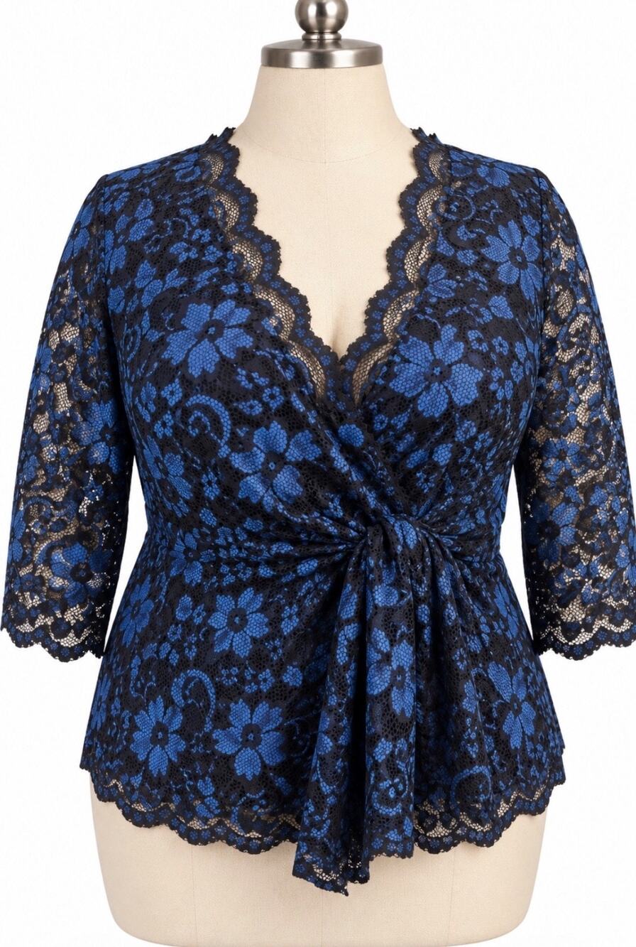 Kiyonna Blue Black Floral Lace Wrap Top Plus Size Made in USA Romantic Goth 4X